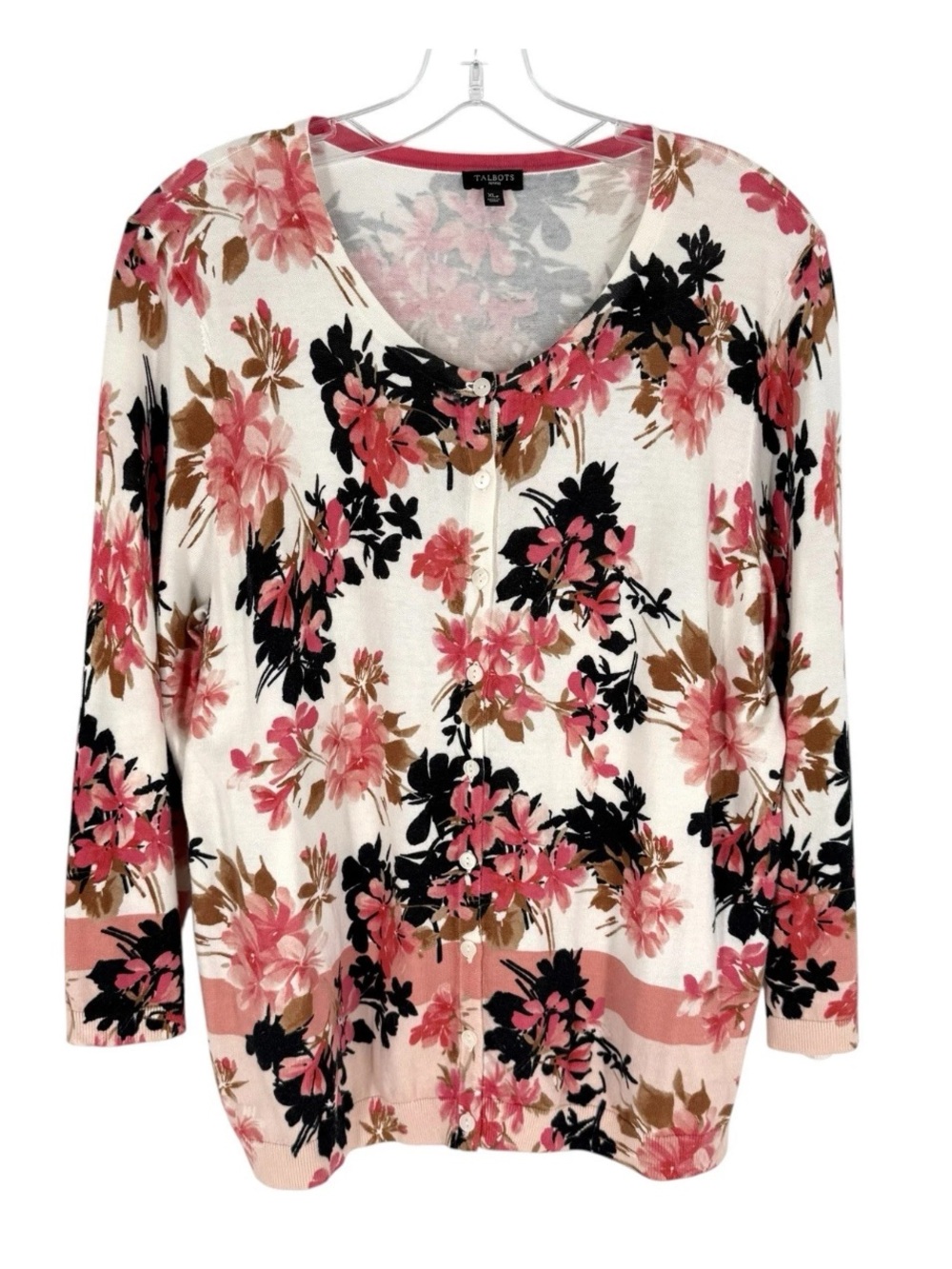Talbots Cardigan Womens Size XL P Ivory Coral Floral Lightweight Cotton Blend